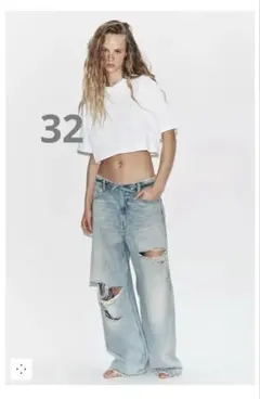ZARA TRF ミッドライズ折り返しウエストデニムパンツ 32 ライトブルー 完売品 TRF ミッドライズ折り返しウエストデニムパンツ 32 ライト