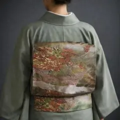 【C3-63】華やぎのある袋帯 単品 六通 茶緑 ゴールド 414cm 特価商品