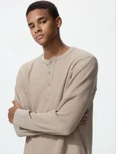 ヘンリーネック長袖カットソー XL ベージュ