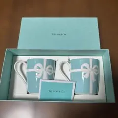 ［美品］Tiffany &Co 水色リボン模様マグカップ2個セット
