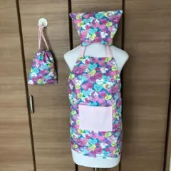 キッズエプロン 三角巾　巾着袋セット　120〜130 ユニコーン柄