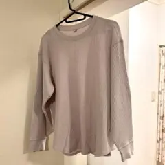 ユニクロ　クルーネックワッフルロングT　くすみピンク　Lサイズ