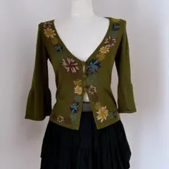 シビラ フラワー 刺繍 五分袖 カーディガン グリーン