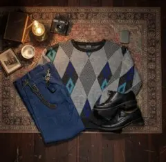 80s NEW ERA アーガイル柄 ニット・セーター アメリカ製 古着 XL