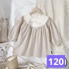 キッズワンピース　花柄刺繍　長袖　女の子春秋物　ベージュ120
