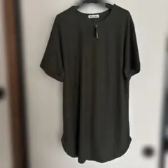 カーキ ラウンドネック 半袖 ロングワンピース L
