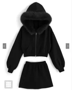ファーフードジップパーカーメミニスカートセットアップ [tu935]