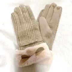 手袋 チェック柄 猫耳 カーキ 防寒 保温 スマホ対応 裏起毛 ボア ファー