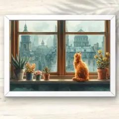 A4 雨の街を見つめる猫の窓辺 アート インテリアアート 水彩画