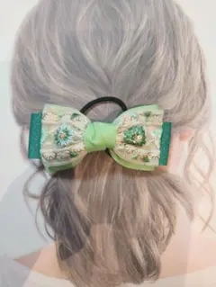 インド刺繍リボンヘアゴム　グリーン系