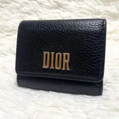 希少✨DIOR 三つ折り 財布　ロゴプレート　レザー 黒 ゴールド ミニ財布