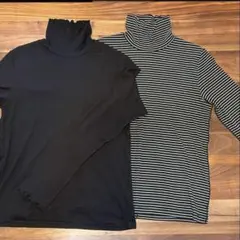 GU ジーユー ソフトリブタートルネックT 長袖 ２枚組　ブラック、ストライプ