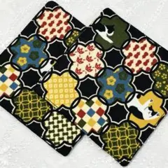 ハンドメイド　コースター２枚セット　ハチワレ猫　猫柄　和柄のサムネイル