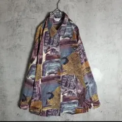 一点物 柄シャツ 総柄 パターン柄 紫 グレー レトロ ゆるだぼ