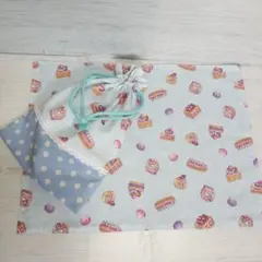 356.給食袋　ランチマット　ハンドメイド　入園入学準備　スイーツ柄　水色
