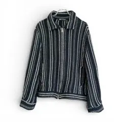 ZARA メッシュニット フルジップジャケット ジャガード 総柄 ネイビー S