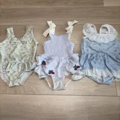 petit main ワンピース水着 いちご　花柄　リボン　フリル　3点セット