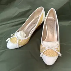 【中古】銀座かねまつ　ホワイト×イエロー オープントゥ 23E