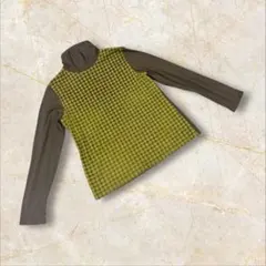 長袖カットソー　Lサイズ　ブラウン　グリーン　チェック柄　タートルネック