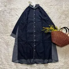 新品 デニムワンピース 脇切替 インディゴ コットン ネイビー M〜L