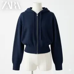 ZARA ネイビー クロップドジップアップパーカー L カジュアル 春秋 フード