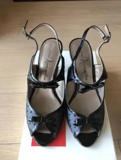 新品同 銀座かねまつ 黒 バックストラップ パンプス サンダル 結婚式 イエナ