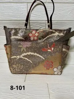 帯リメイクトートバッグポケットいっぱい 桜 鶴