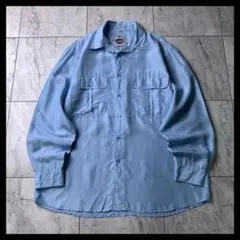 vintage レギュラーカラー シルクシャツ 水色 無地 絹100% レトロ