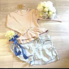 ワッフルフリルトップス　くすみピンク　新品　タグつき　リボン　トップス