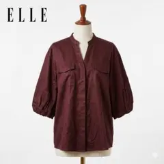 ELLE エル バルーンスリーブ オープンジャケット 五分袖シャツ ボルドー M