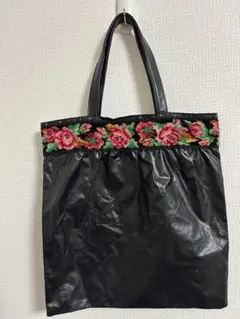 FELIER 黒 合成皮革 ハンドバッグ 花柄刺繍