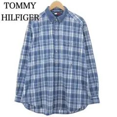 トミーヒルフィガー デニム×チェック柄 刺繍ロゴ Lサイズ 長袖シャツ90s.