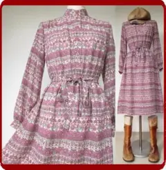 古着レトロ・ピンク花柄クラシカルワンピ春70年代60年代ヴィンテージアンティーク