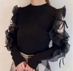 SNIDEL フリルスリーブニットプルオーバー ブラック