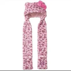 美品　　ユニバ　ハローキティ マフラーハット ピンク ヒョウ柄