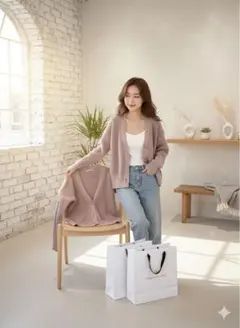 【極美品】アーバンリサーチ Vネック リブニットカーディガン モカピンク F