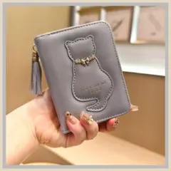 【新品】二つ折り財布 猫柄 グレー レディース ミニ財布 ウォレット ネコ