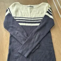 ストライプ柄 長袖ニットセーター ネイビー/アイボリー