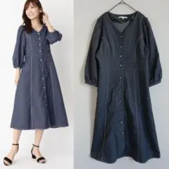 美品 イッツデモ IT'S DEMO デニム風ワンピース 前ボタン 美シルエット