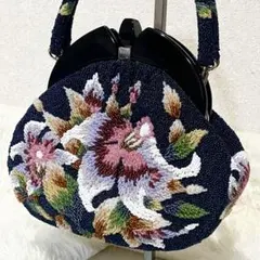 美品✨ 総ビーズバッグ　花柄　がま口　和装　ヴィンテージ　ブルー　刺繍