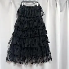 花柄チュールティアードフリルロングスカート エレガント ベロア 大きいサイズ