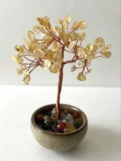 シトリン さざれ石ツリー 陶器鉢 天然石置物 細石 木