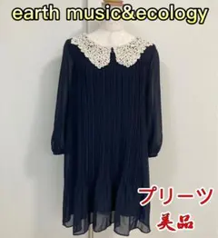 美品　earth music&ecology プリーツ　ひざ丈ワンピース　花柄襟