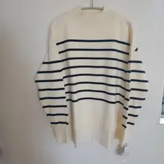 新品 ハルメク ハイネックボーダーニット 左右切り替えボタン