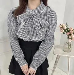 ギンガムチェック リボン付き長袖シャツ
