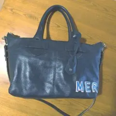 美品 レザー バッグ　2wayショルダーストラップ付き　ネイビー　ペイント