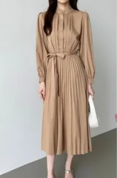 プリーツシャツワンピース ブラウンMサイズ