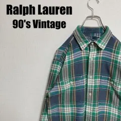 90sラルフローレングッドカラーチェックネルシャツMノーポニーワークビンテージ