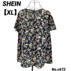 シーン　SHEIN 半袖ブラウス　XL 黒　花柄　袖フリル　総柄　Ｖネックのサムネイル