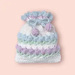 チューリップ　巾着　ラベンダー×ライトブルー×ホワイト　かぎ編み　ポーチ　編み物